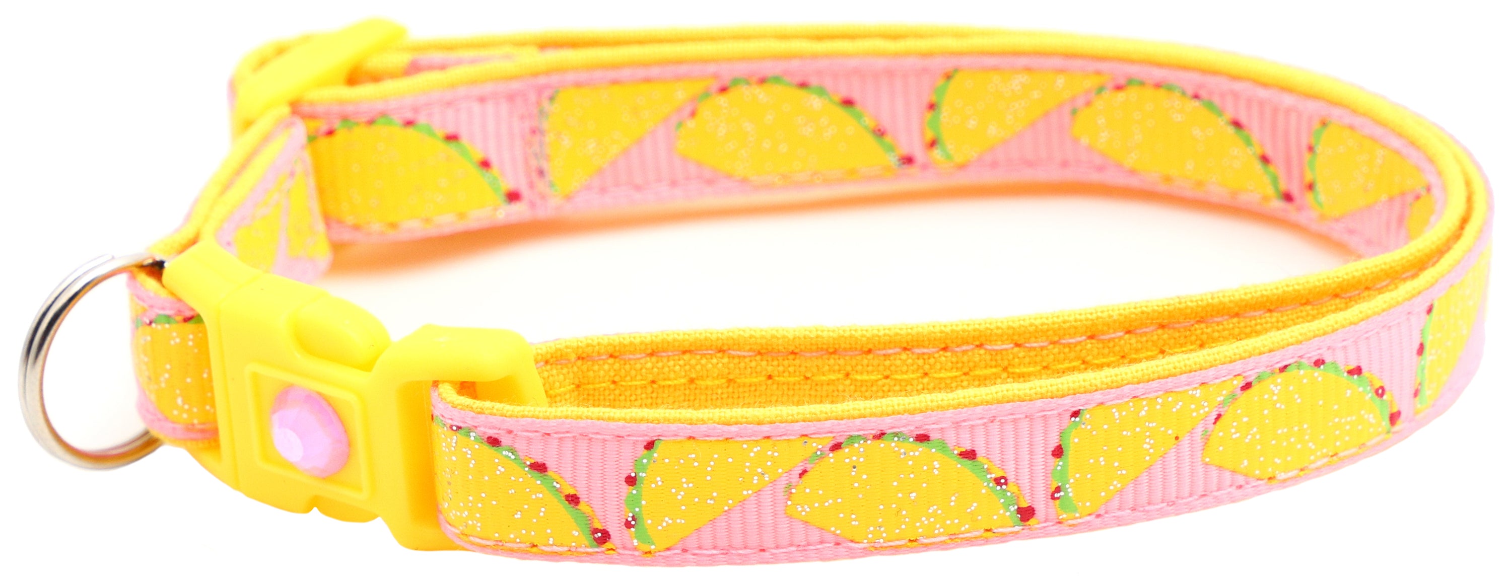Handmade Taco Breakaway Cat Collar in reinforced cotton with breakaway clips and customizable features.